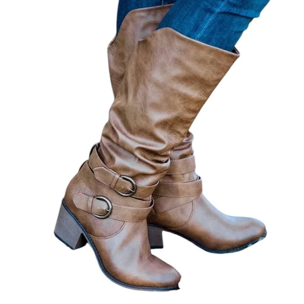 JOURNEE COLLECTION LATE Rouched Mid Calf Heeled Boots Taupe Size 8.5